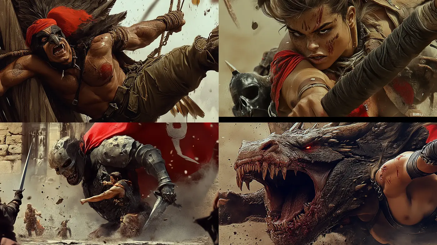 Dynamic Combat Visions in Sepia Tones: A Fusion of Realism and Fantasy Art - Midjourney sref style