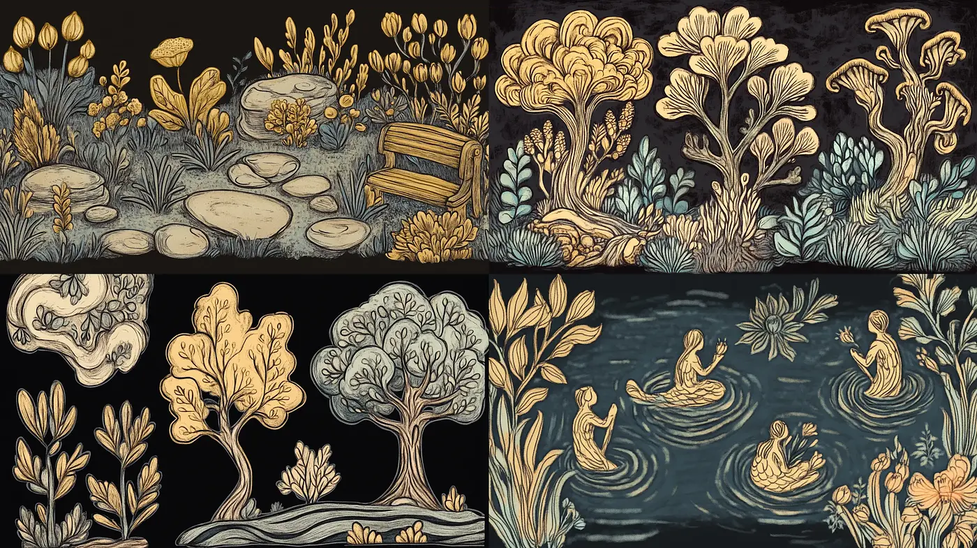 Enchanting Nocturnal Botanicals: A Stylistic Fusion of Art Nouveau and Storybook Illustration - Midjourney sref style