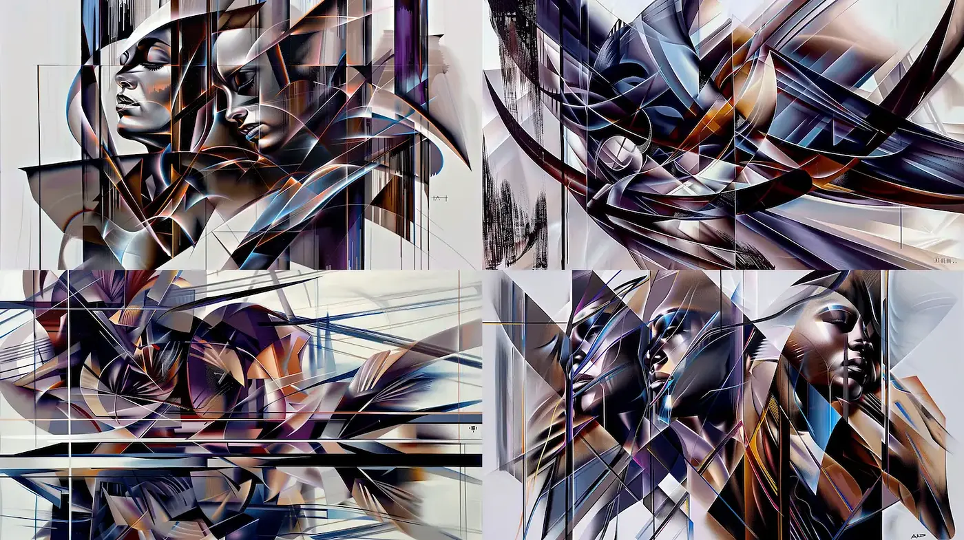Dynamic and Abstract Fusion of Geometric Elegance and Portraiture - Midjourney sref style