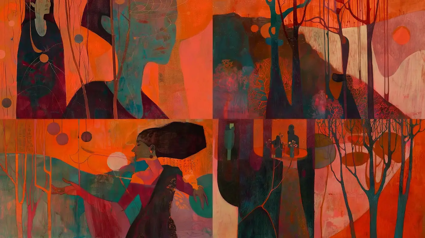 Vibrant and textured illustration with a blend of abstraction and figurative elements - Midjourney sref style