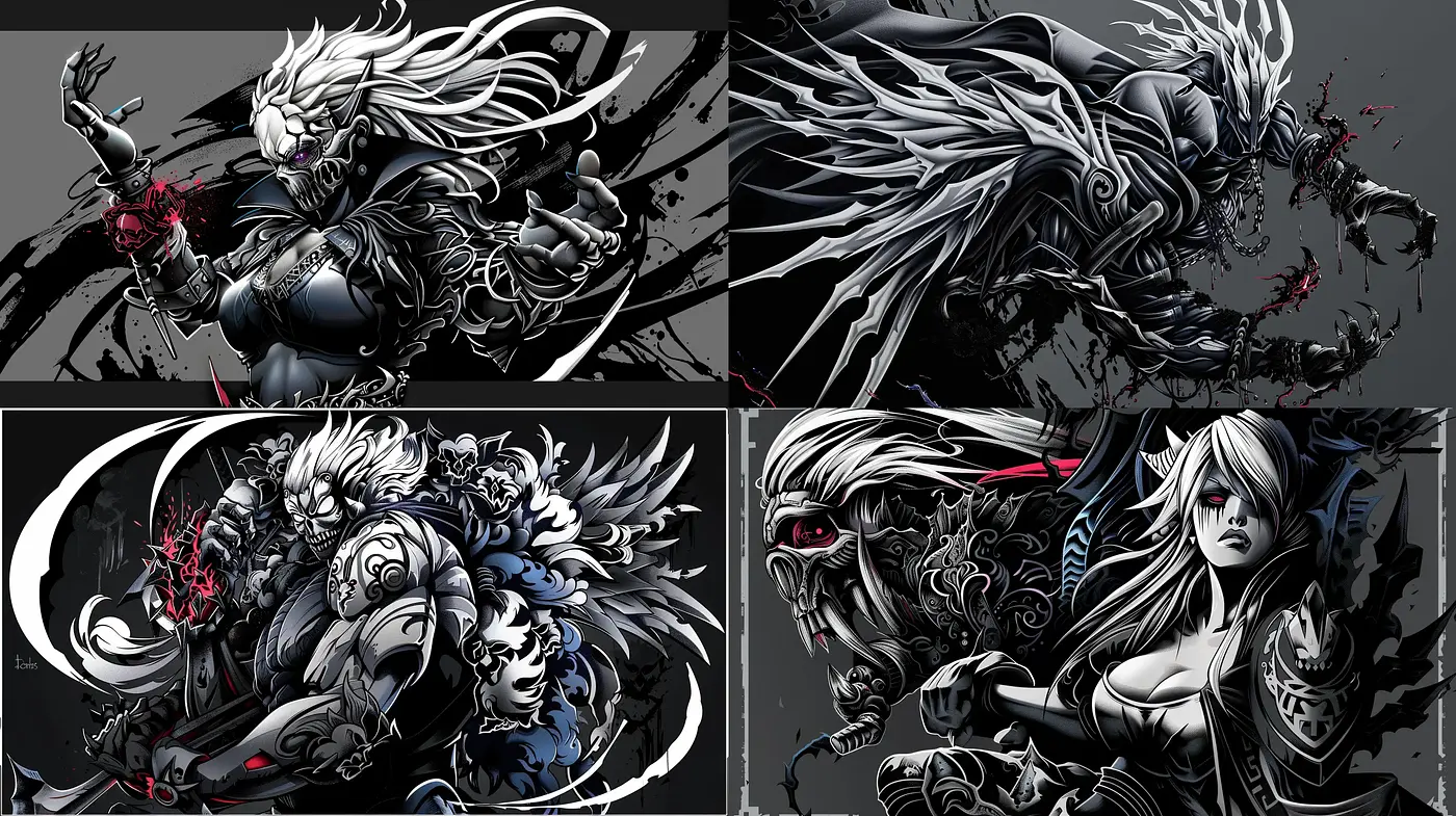 Monochromatic Dynamism in Stylized Fantasy Art - Midjourney sref style