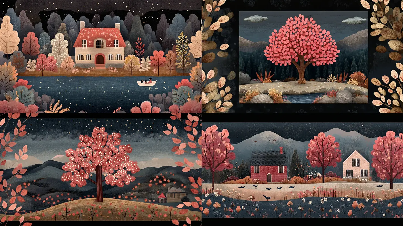 Whimsical Storybook Illustrations with Seasonal Transition Themes - Midjourney sref style