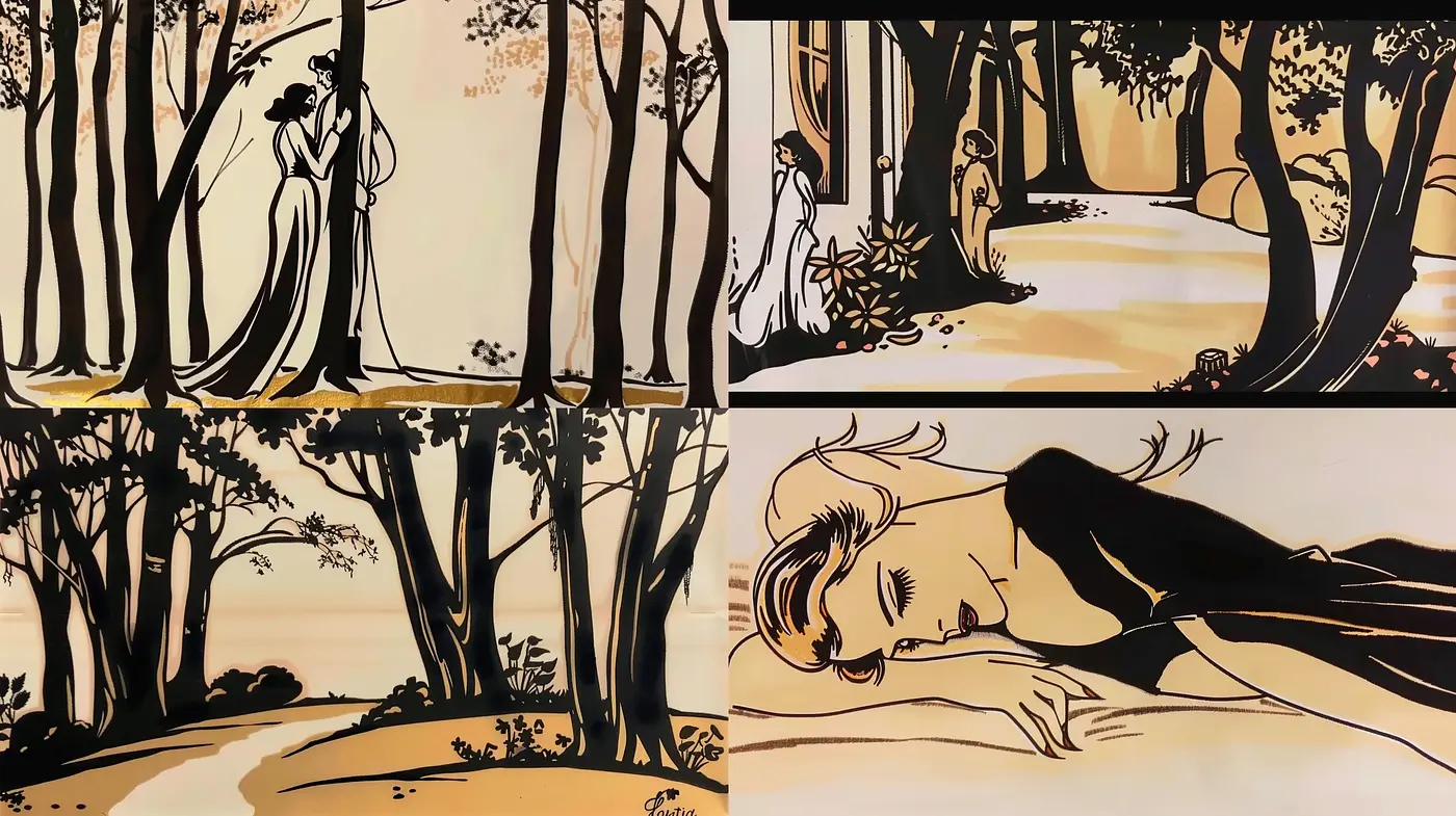 Noir-Inspired Silhouetted Figures and Woodland - Midjourney sref style