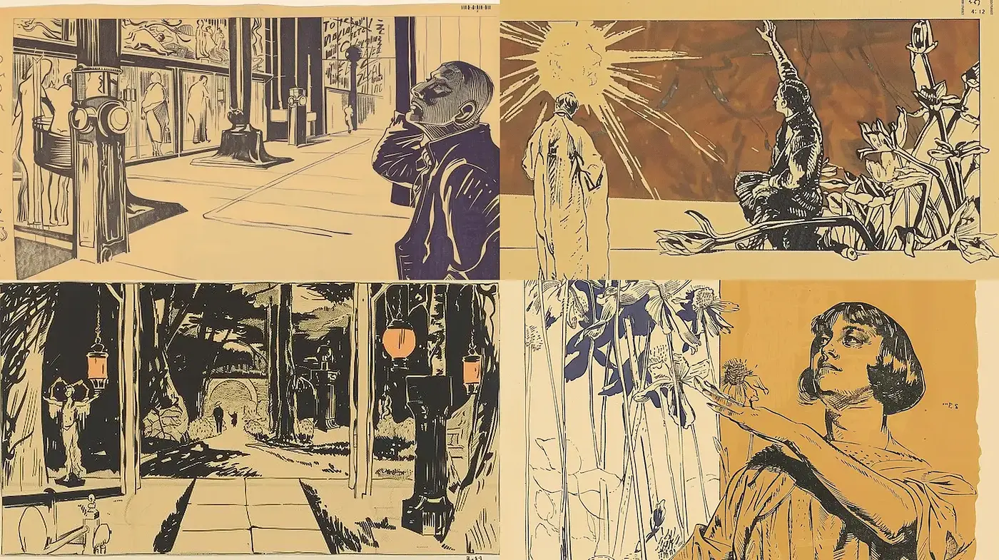 Dynamic and Artistic Exploration with Textural Depth - Midjourney sref style