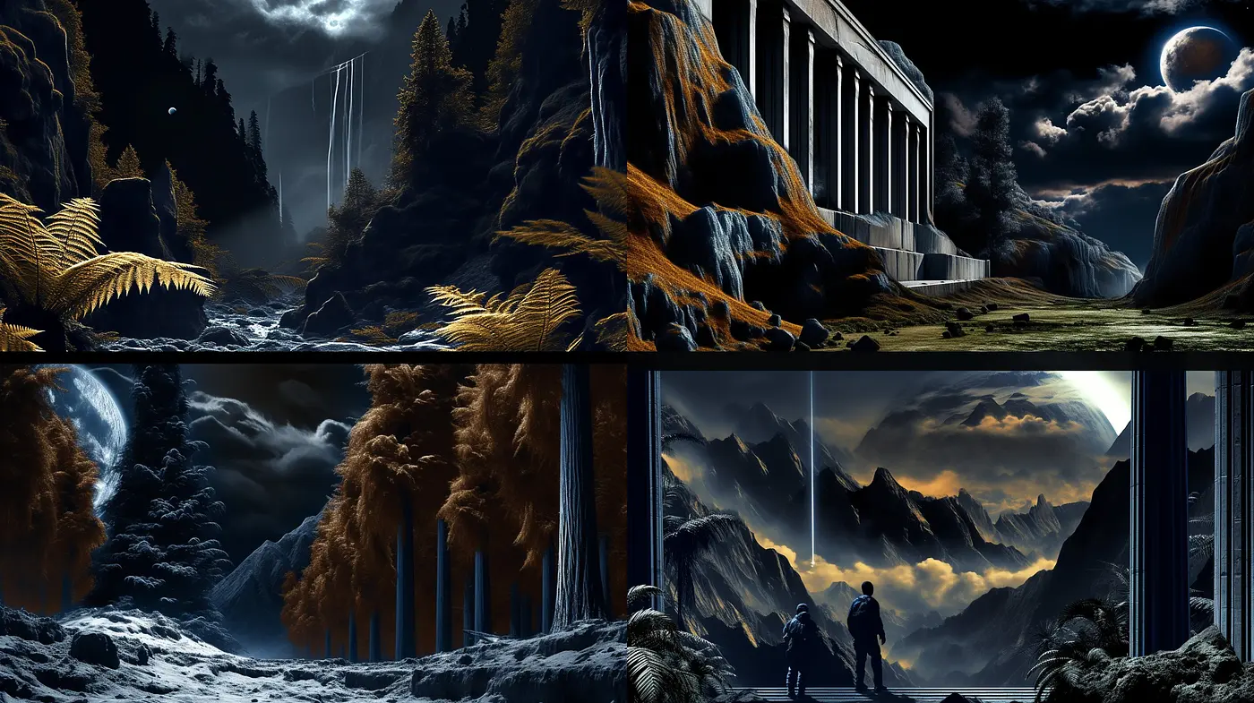 Monochromatic Moonlit Dreamscape: A Homage to Surreal Tranquility and Timeless Wonder in Digital Art - Midjourney sref style