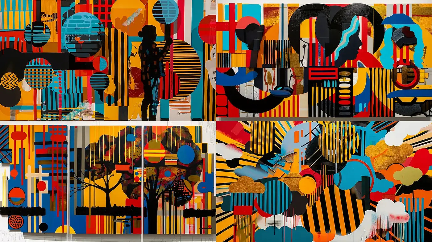 Vibrant geometric compositions with rhythmic patterns and bold contrasts - Midjourney sref style