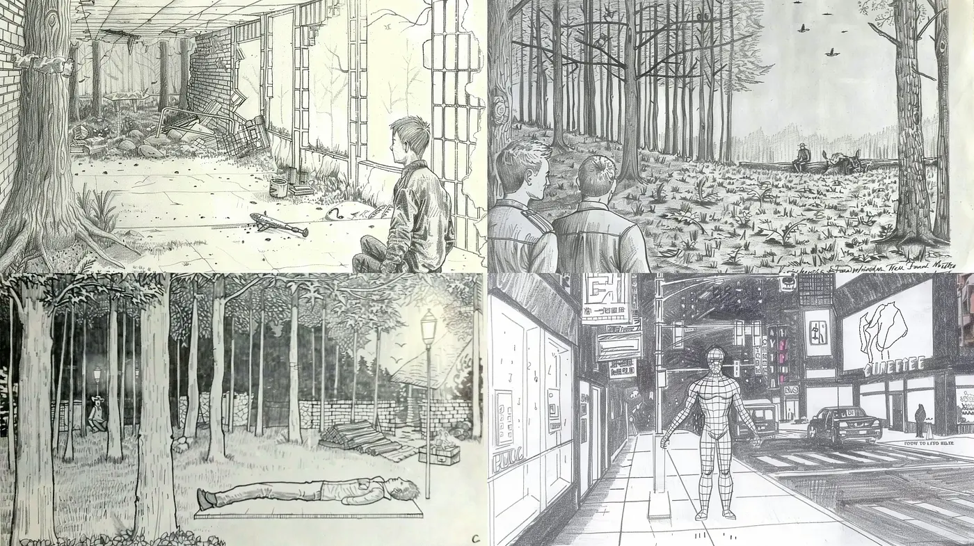 Monochrome Sketchbook Essence with a Cinematic Touch - Midjourney sref style