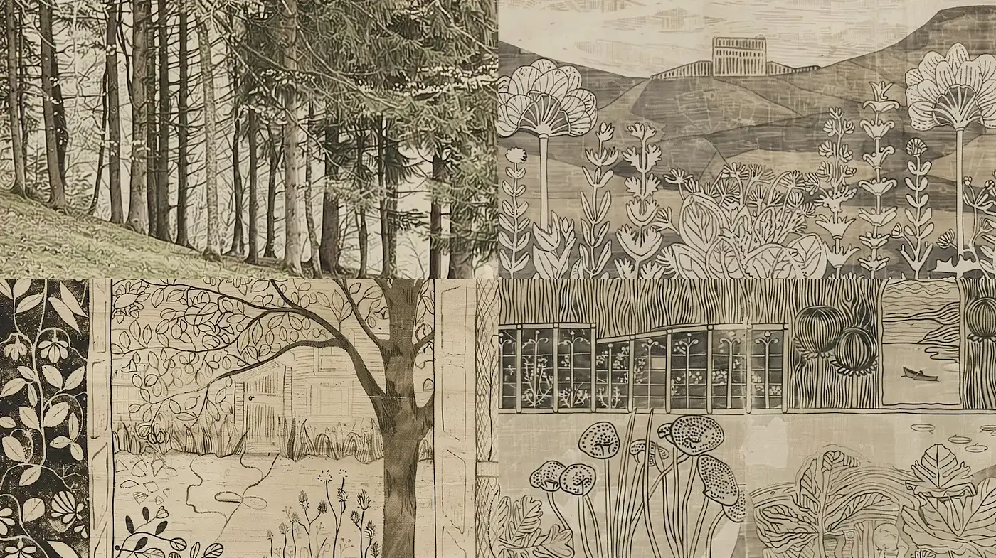 Earthy and Artistic Landscapes with Natural Motifs - Midjourney sref style