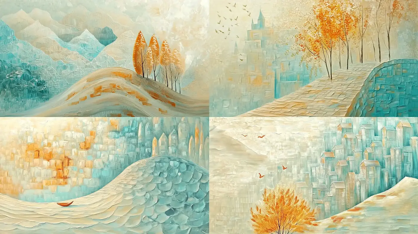 Serene Brushwork Harmony in Teal and Amber Hues - Midjourney sref style