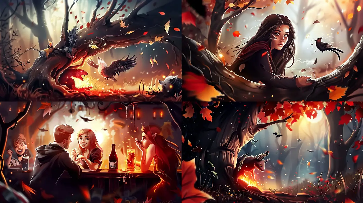Warm Autumnal Hues of Enchanted Whimsy: A Cozy Fusion of Digital Paint and Illustration - Midjourney sref style
