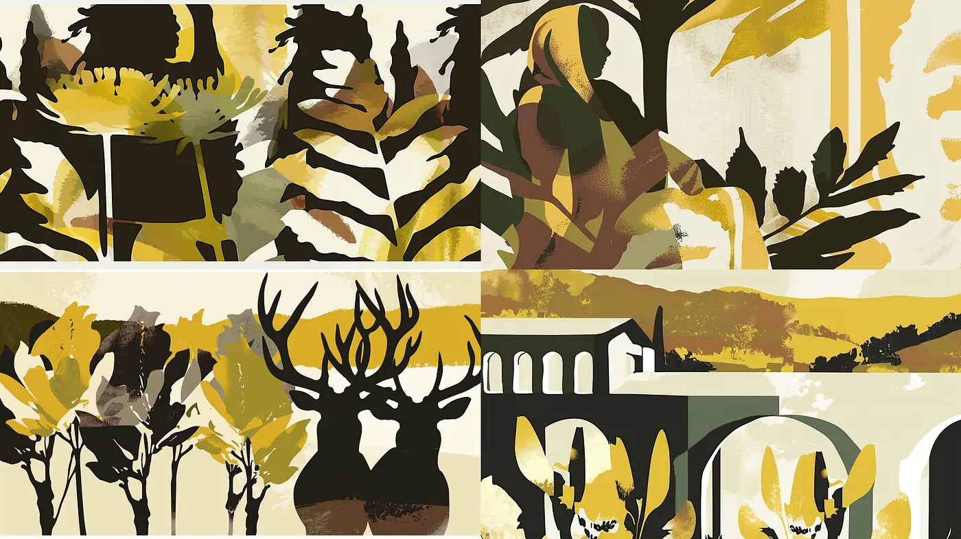 Earthen Tones of Stylized Nature: A Cohesive Fusion of Organic Motifs and Abstract Modernism - Midjourney sref style