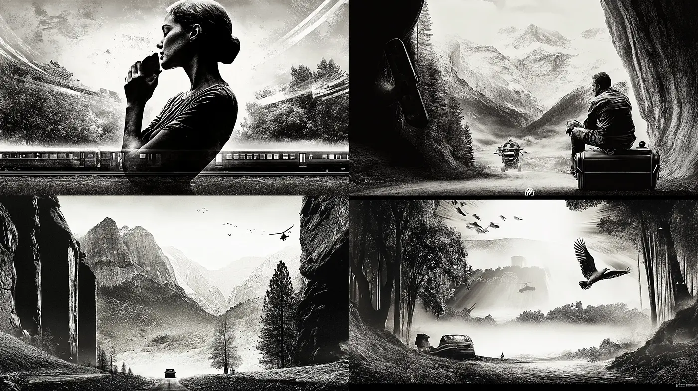 Monochromatic Cinematic Journey Through Stylized Landscapes - Midjourney sref style