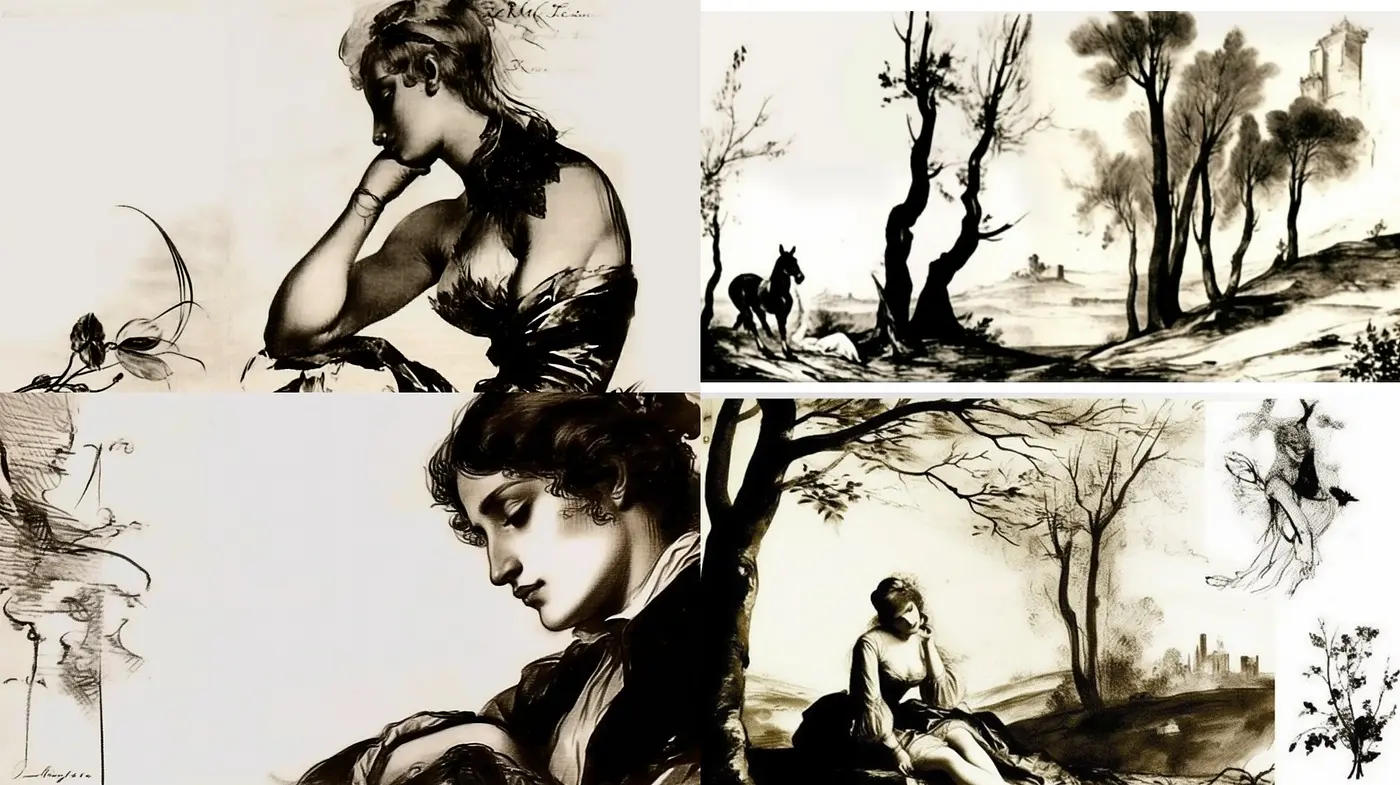 Nostalgic Monochrome Visions: A Harmonious Blend of Ink Wash and Charcoal Textures - Midjourney sref style