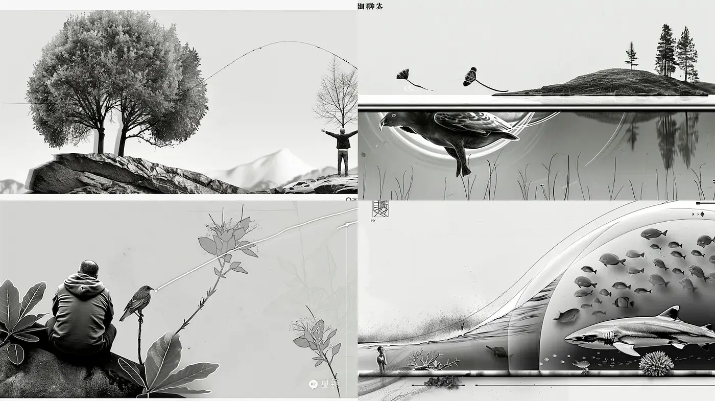 Explorative Black and White Illustrations with Natural Elements - Midjourney sref style
