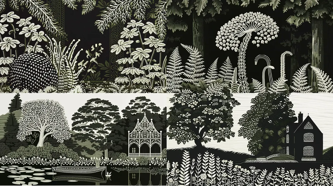Monochromatic Botanical Dreamscapes in Intricate Detail - Midjourney sref style