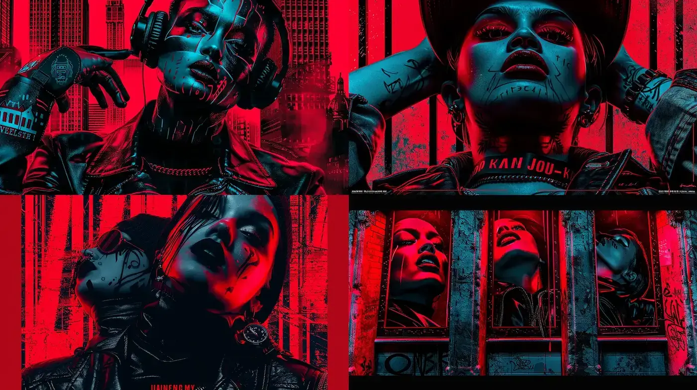 Cyberpunk Serenade in Monochromatic Crimson - Midjourney sref style
