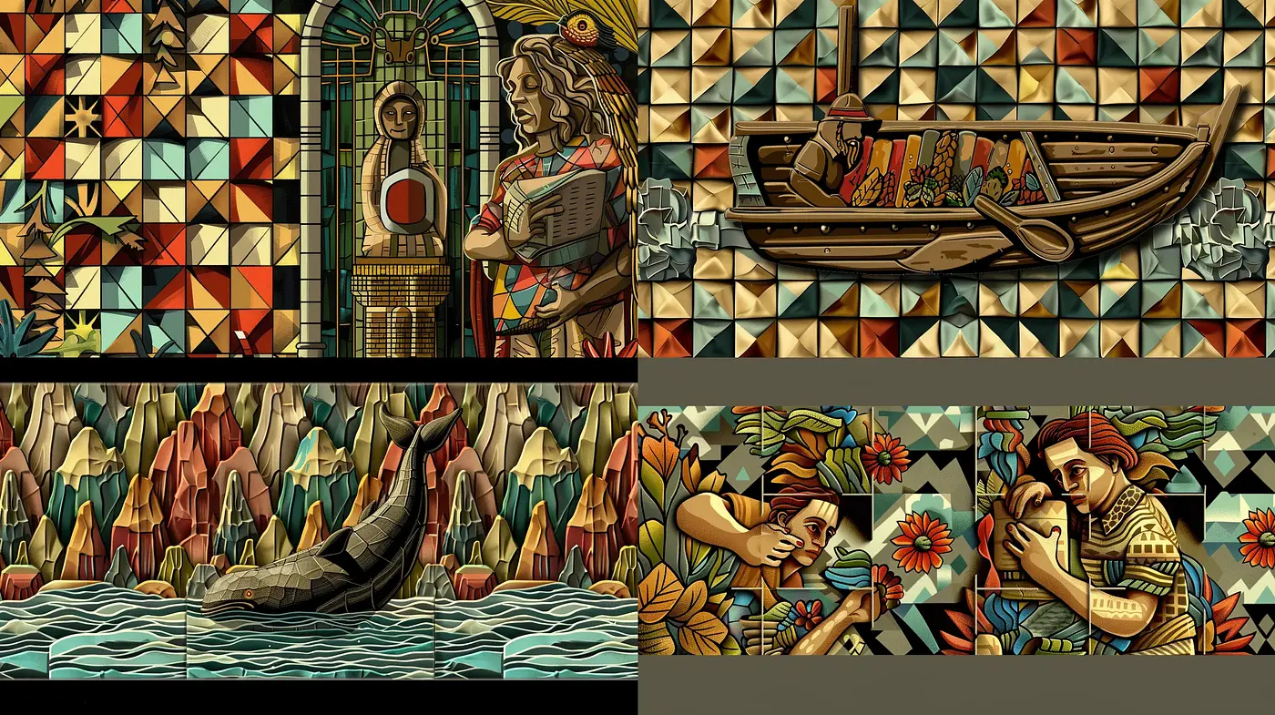 Cubist Mosaic Narratives in Earthen Tones - Midjourney sref style