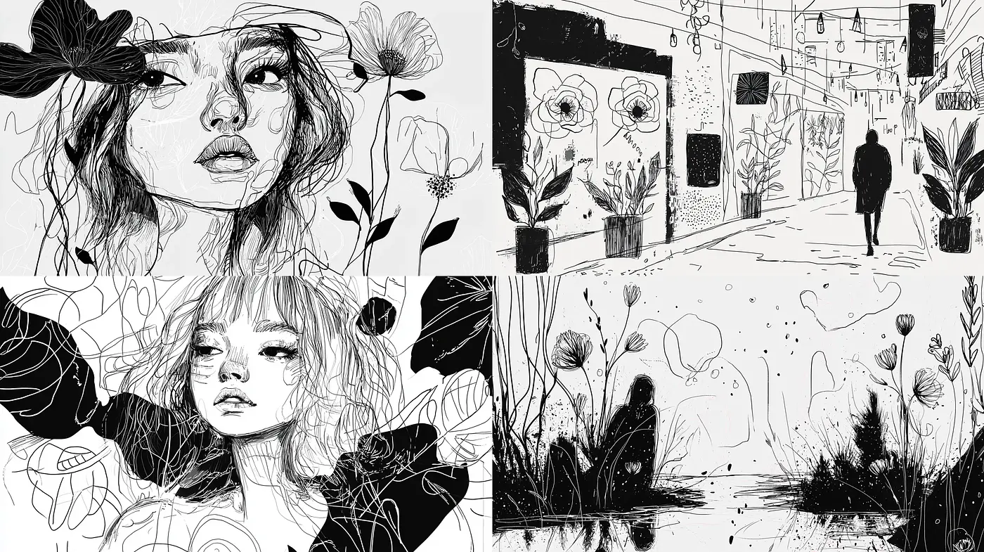 Monochromatic Sketchbook Dreams with a Whimsical Touch - Midjourney sref style
