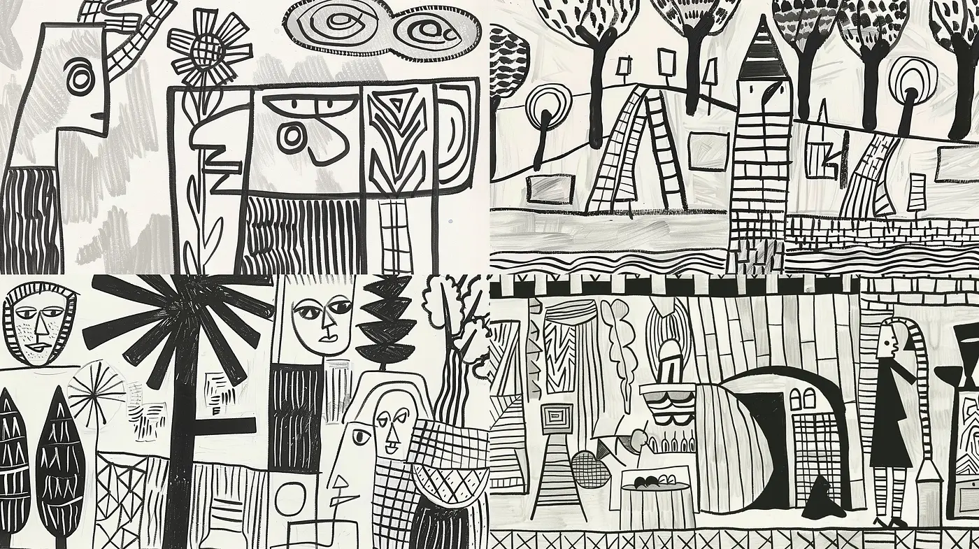 Monochromatic Abstract Tapestry with Primitive Artistry and Dreamlike Ambience - Midjourney sref style