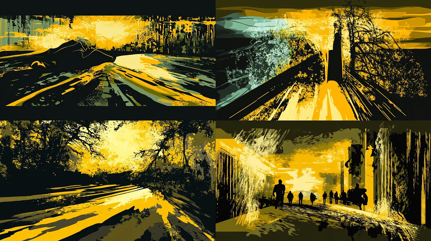 Twilight Silhouettes in Abstract Expressionist Hues - Midjourney sref style