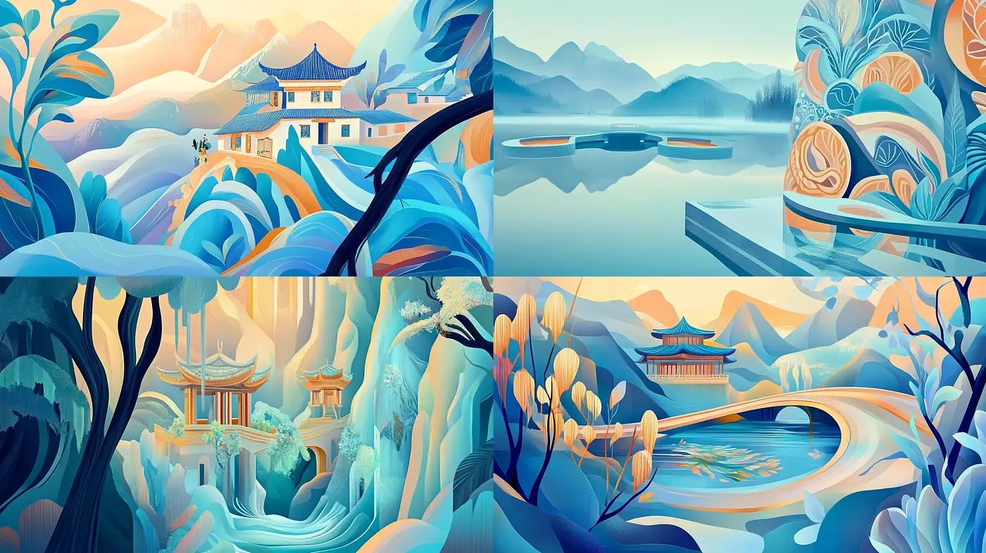 Harmonious Oriental Serenity in Stylized Pastel Landscapes - Midjourney sref style