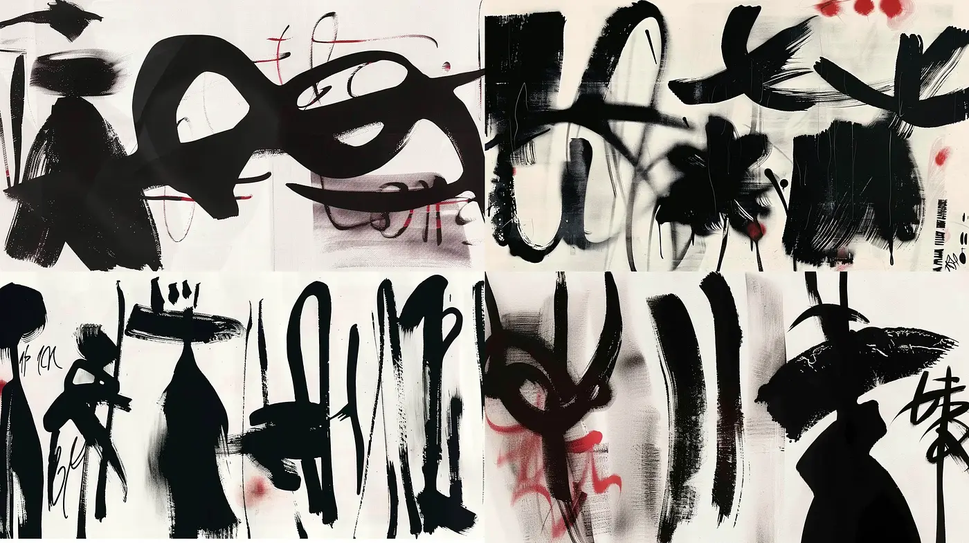 Abstract Calligraphic Exploration in Monochrome with Red Accents - Midjourney sref style