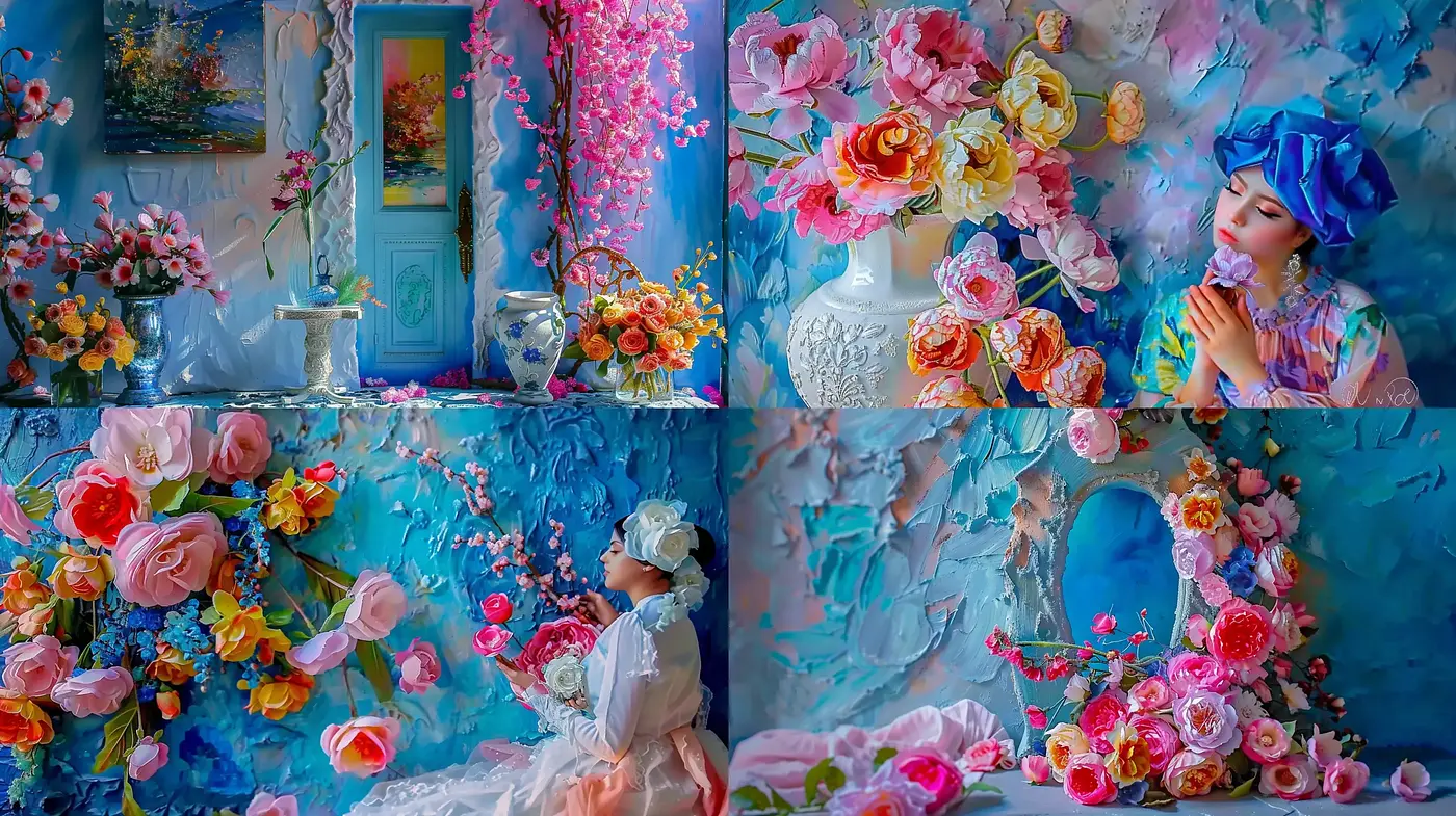 Enchanting Floral Reverie with Luminous Hues and Textured Layers - Midjourney sref style