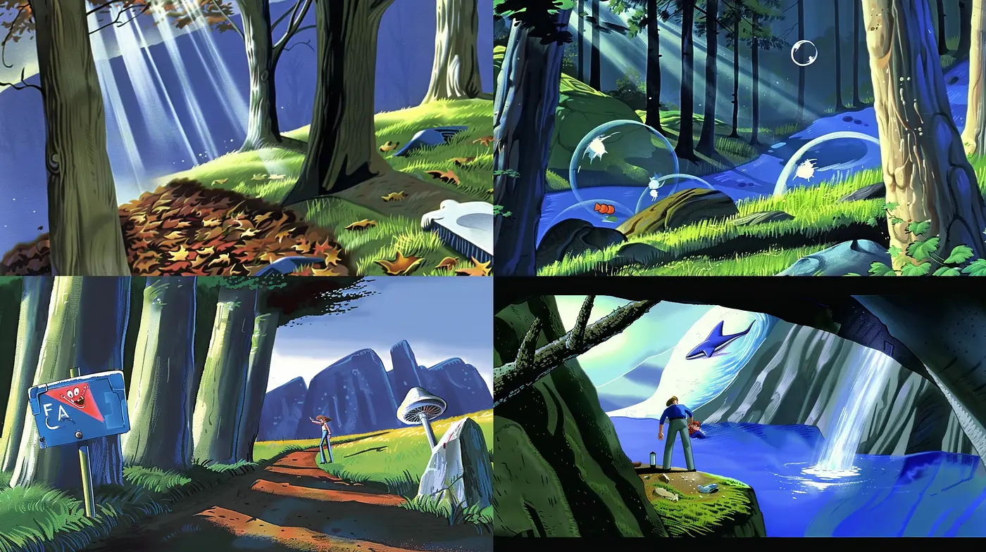 Serene Natural Landscapes with a Fantastical and Adventure-Driven Animation Appeal - Midjourney sref style