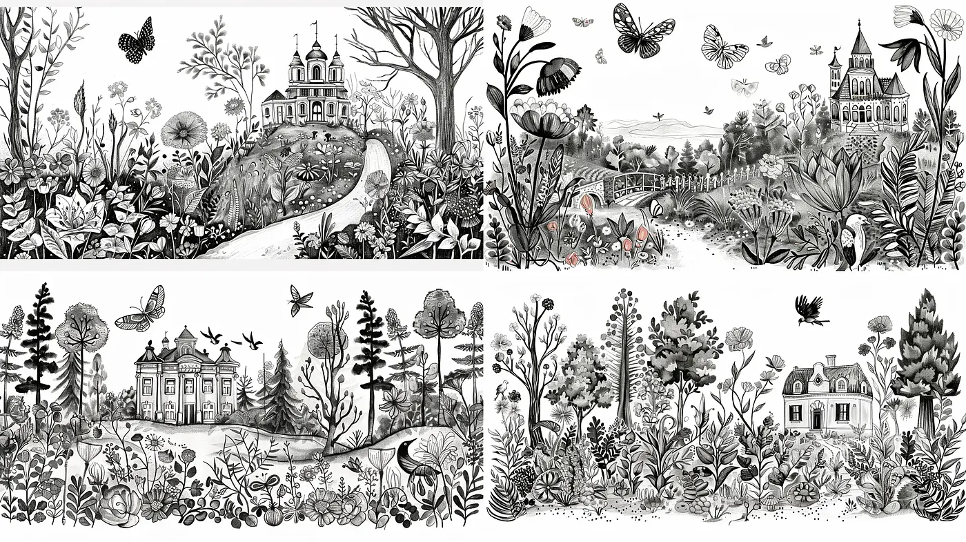 Monochrome Elegance in Enchanted Garden Illustrations - Midjourney sref style
