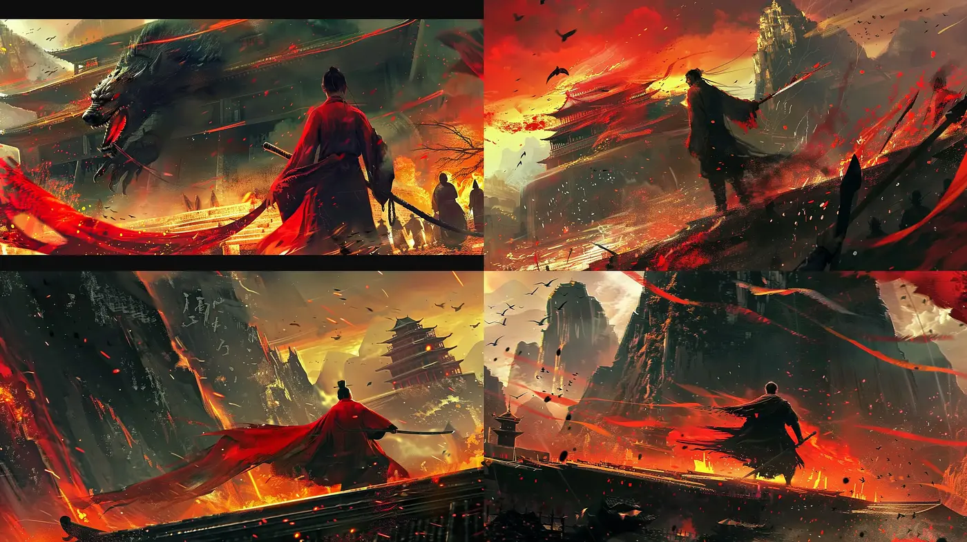 Epic Saga of Crimson and Shadow: A Vivid Tableau of Dramatic Intensity - Midjourney sref style