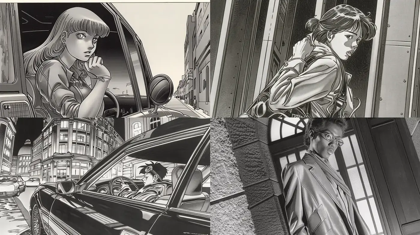 Stylized monochromatic noir with urban undertones and emotional tension - Midjourney sref style