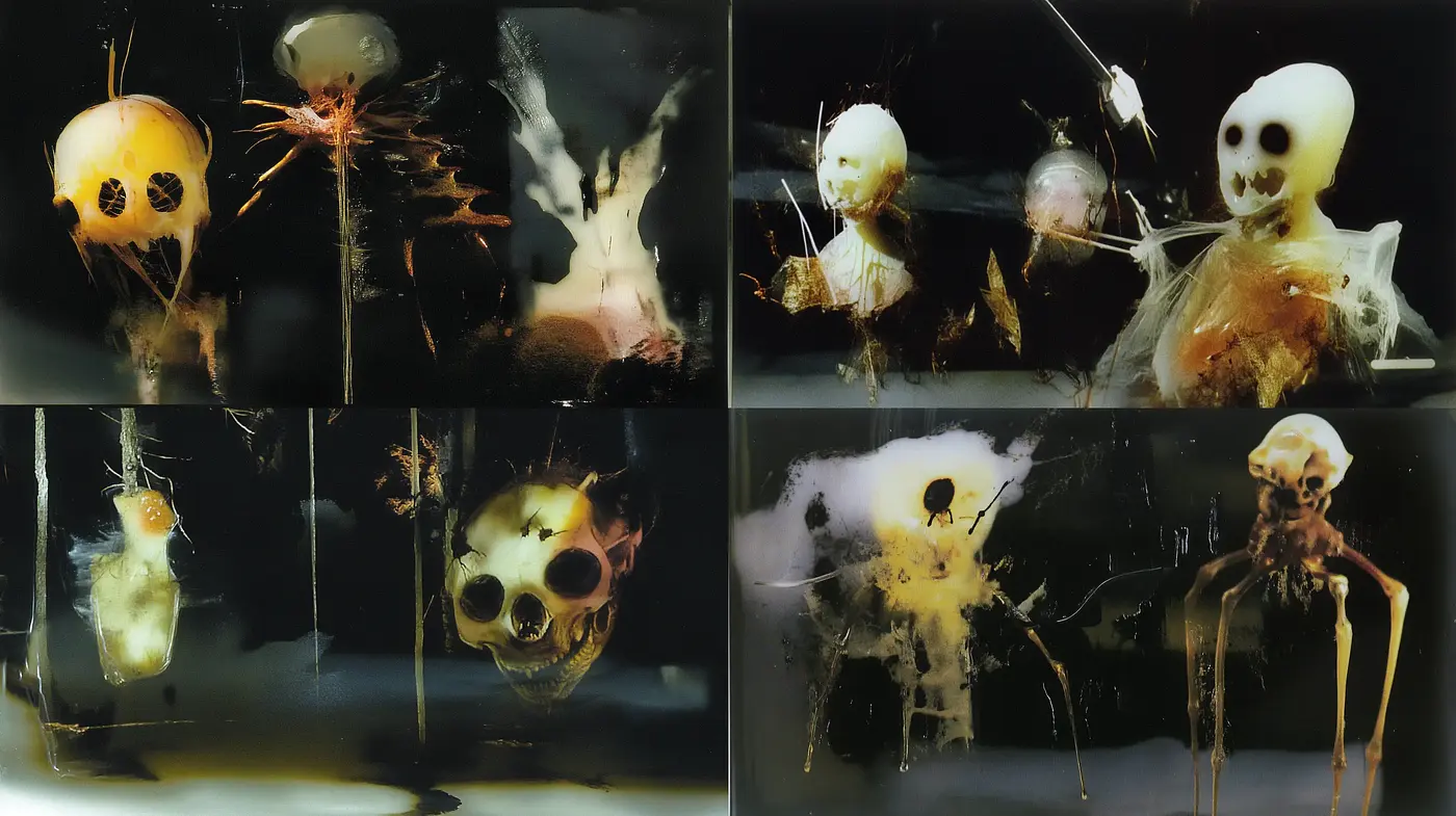 Surreal Nocturne: A Darkly Macabre Dance of Tenebrous Textures and Chiaroscuro - Midjourney sref style