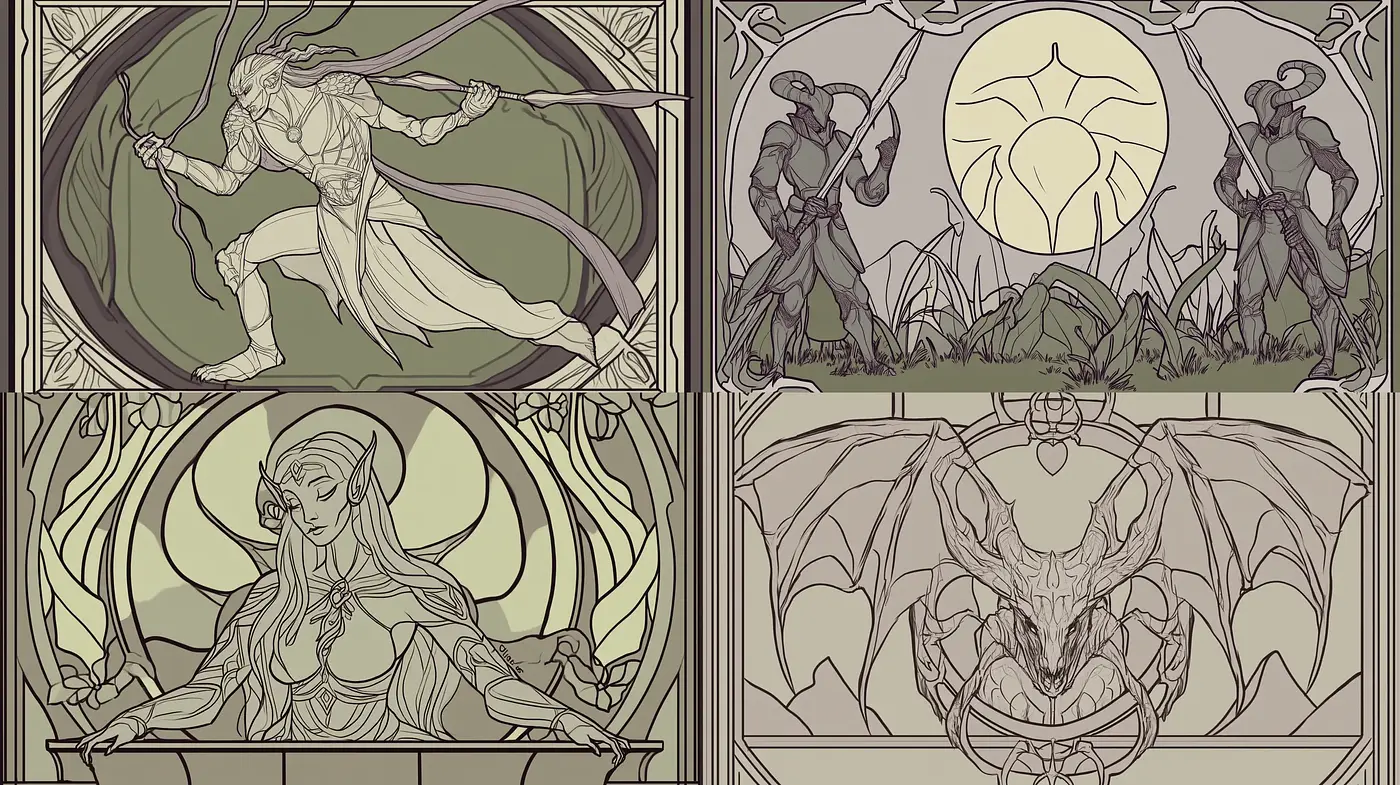 Stylized Art Nouveau Interpretations with Monochromatic Elegance - Midjourney sref style