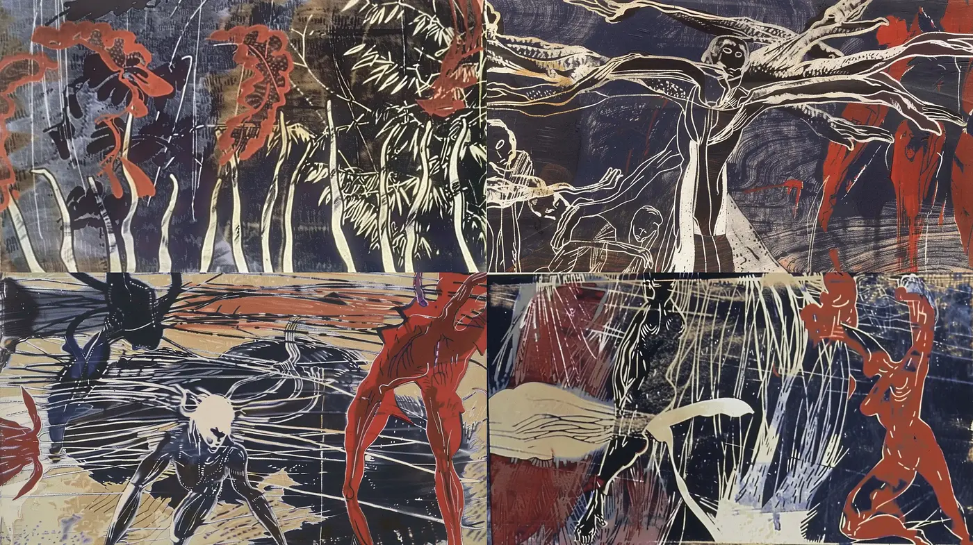 Ethereal Dreamscape of Silhouetted Figures and Stylized Nature - Midjourney sref style