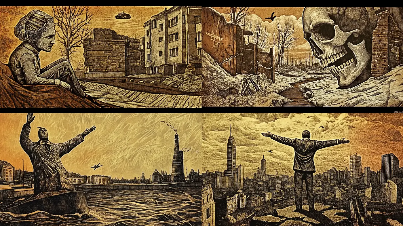 Dystopian Sepia Tones: A Homage to Surreal Narratives and Post-Apocalyptic Vision - Midjourney sref style