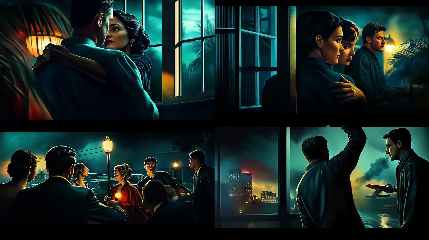 Noir-Inspired Cinematic Tapestry with a Modern Graphic Novel Aesthetic - Midjourney sref style