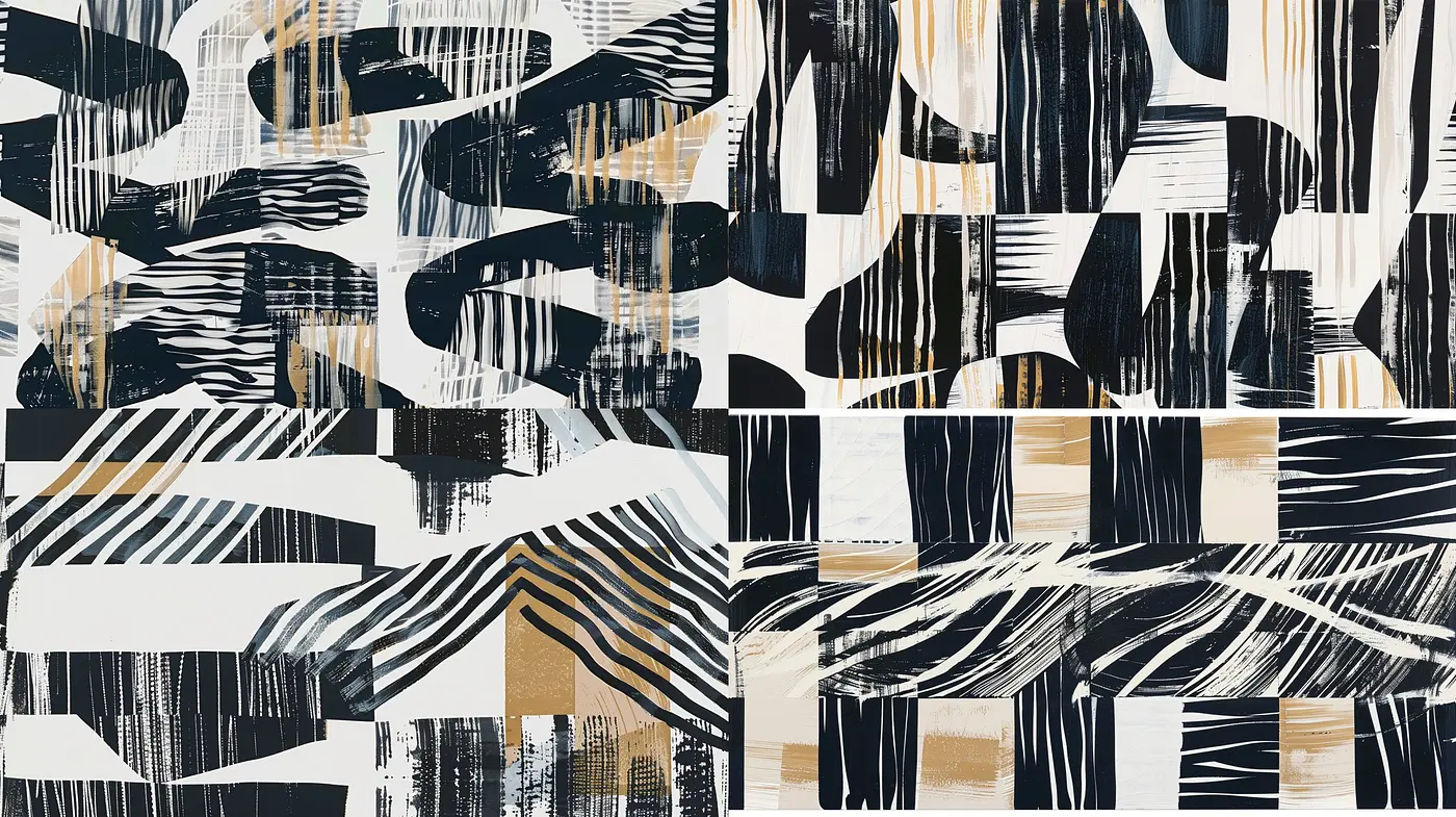 Abstract Brushstroke Synchrony: Cohesive Variance in Monochrome and Gold - Midjourney sref style