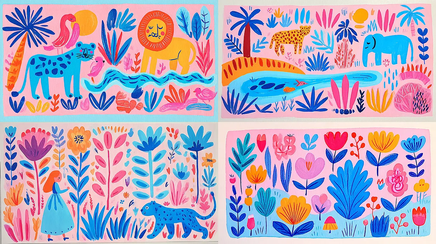 Whimsical and Playful Floral and Fauna Illustrations with a Vibrant Aesthetic - Midjourney sref style