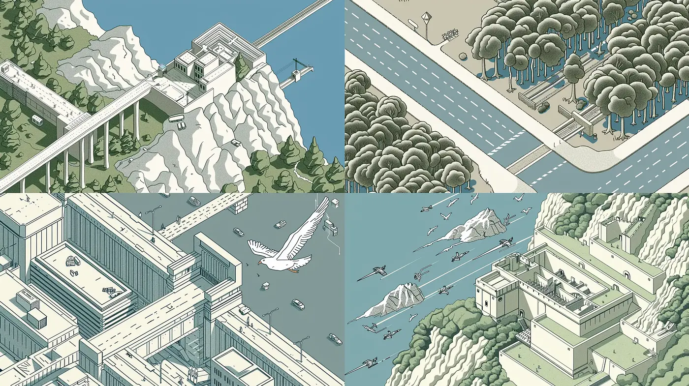 Isometric Dreamscape in Monochromatic Aquatic Tones - Midjourney sref style