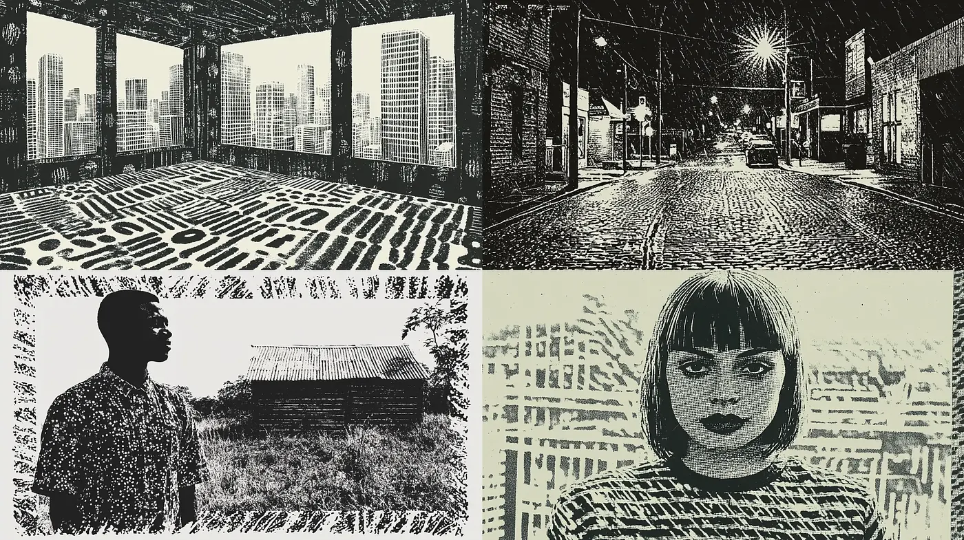 Monochromatic Textured Impressions with Contemporary Graphic Novel Influence - Midjourney sref style