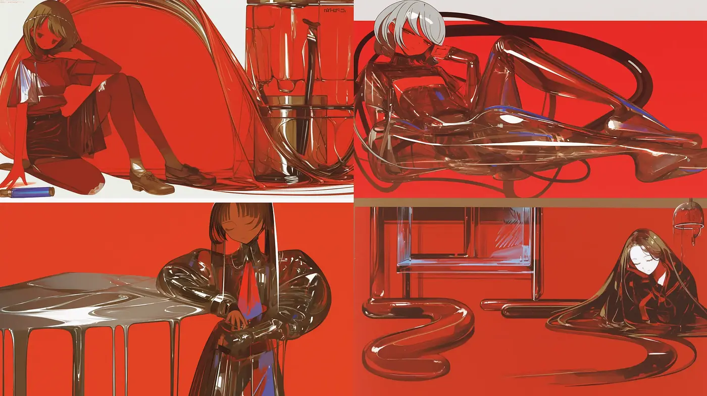 Futuristic Red Monochrome Visions with Sleek Figures - Midjourney sref style