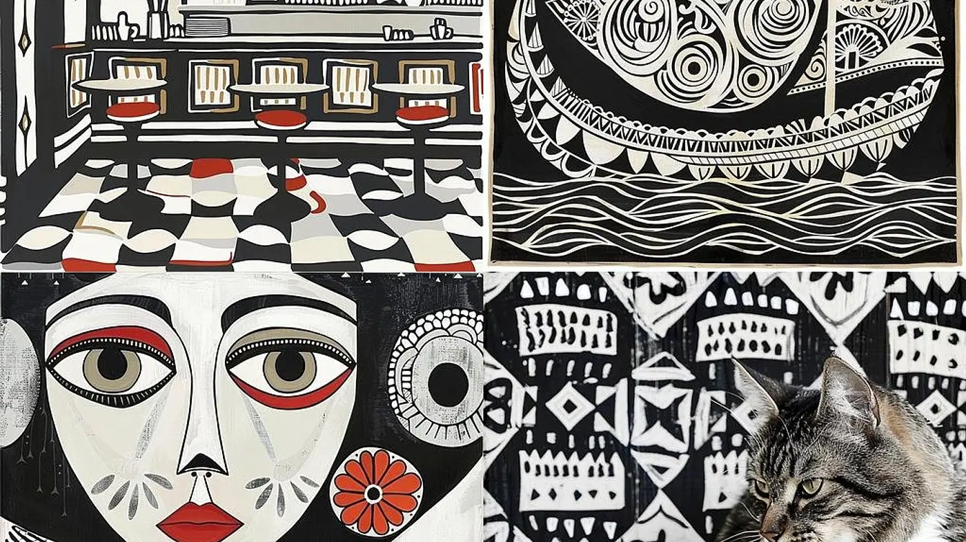 Monochromatic Elegance with Red Accent: A Fusion of Abstract and Folk Art Influences - Midjourney sref style