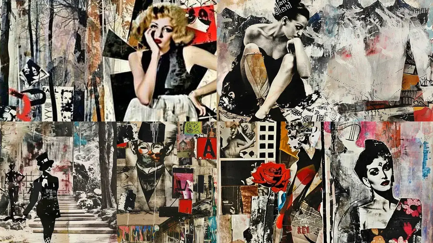 Grunge-inflected Pop Art Montage with a Retro Edge - Midjourney sref style