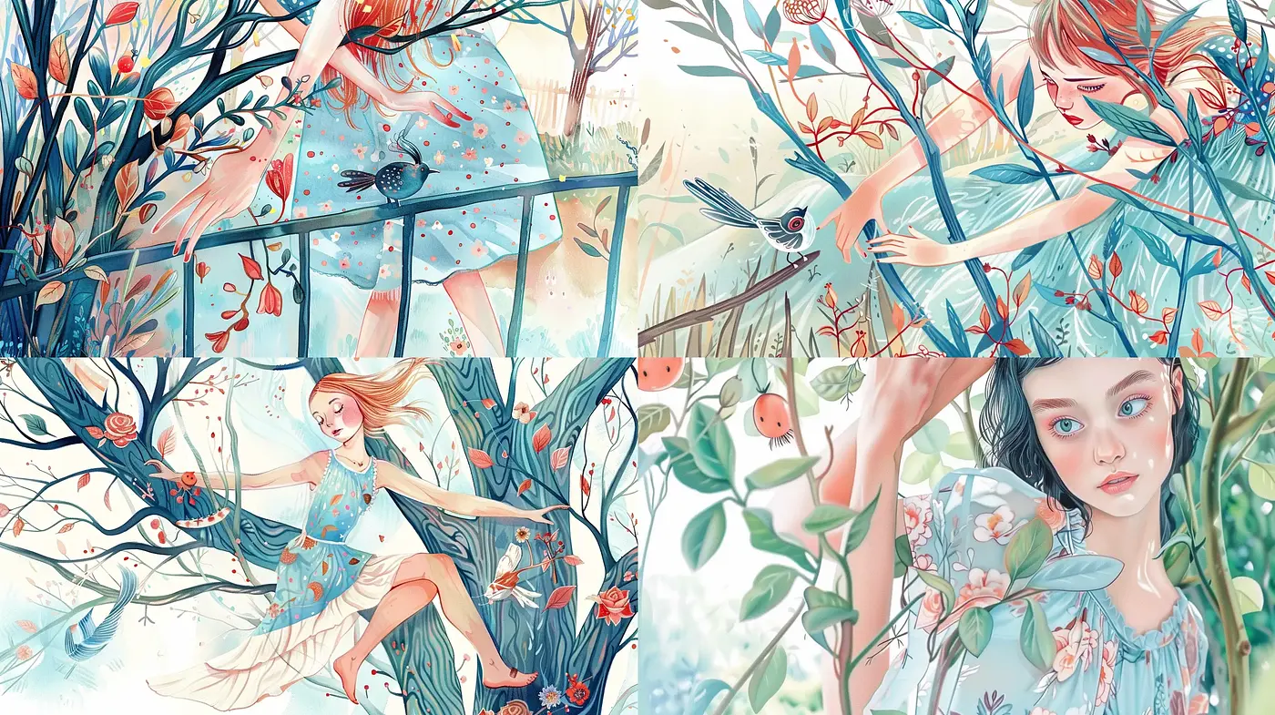 Whimsical Nature and Dreamy Pastels: A Fantastical Illustration Ensemble - Midjourney sref style