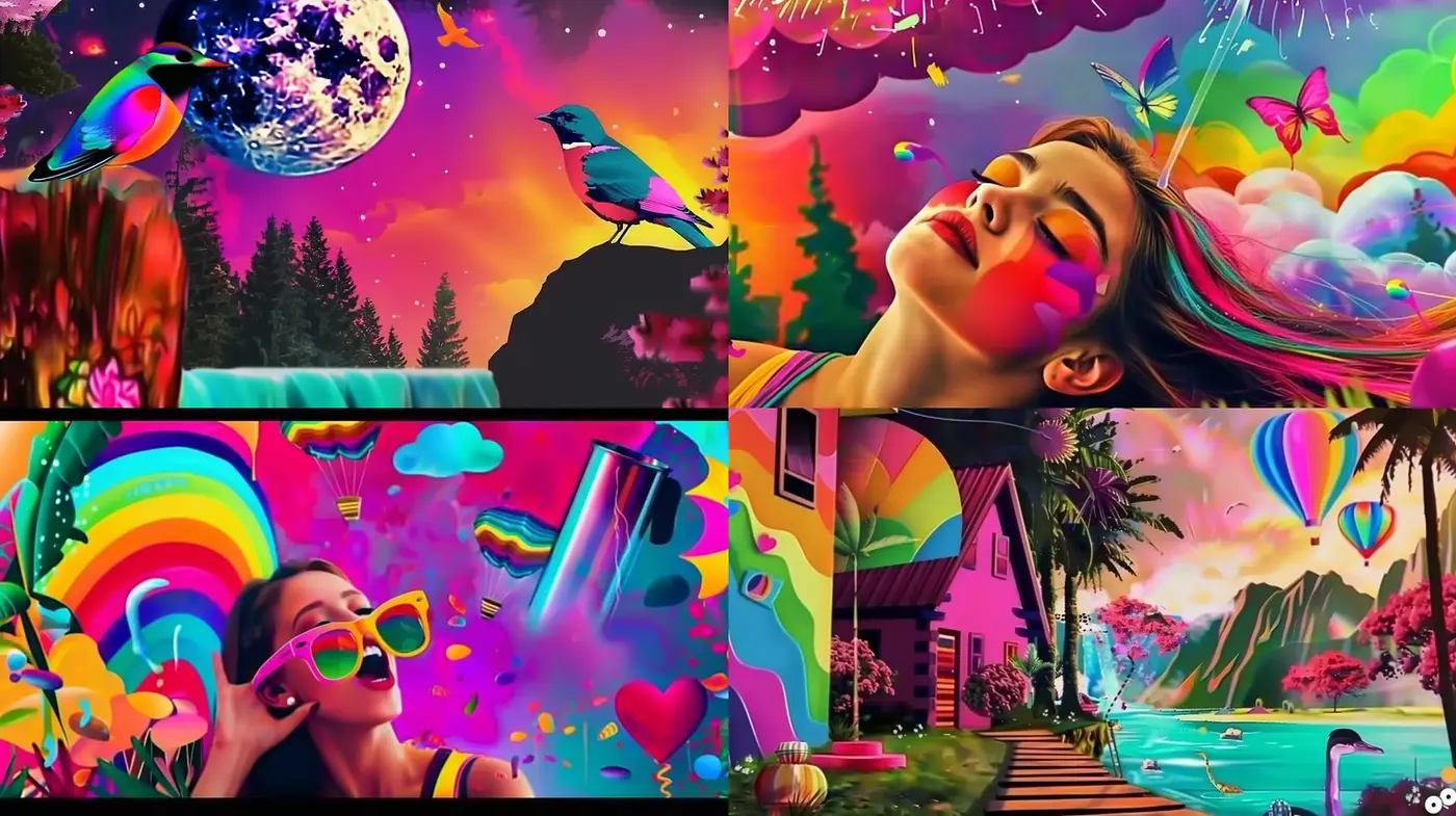 Psychedelic Dreamscape Fusion with Hyperreal Splashes - Midjourney sref style