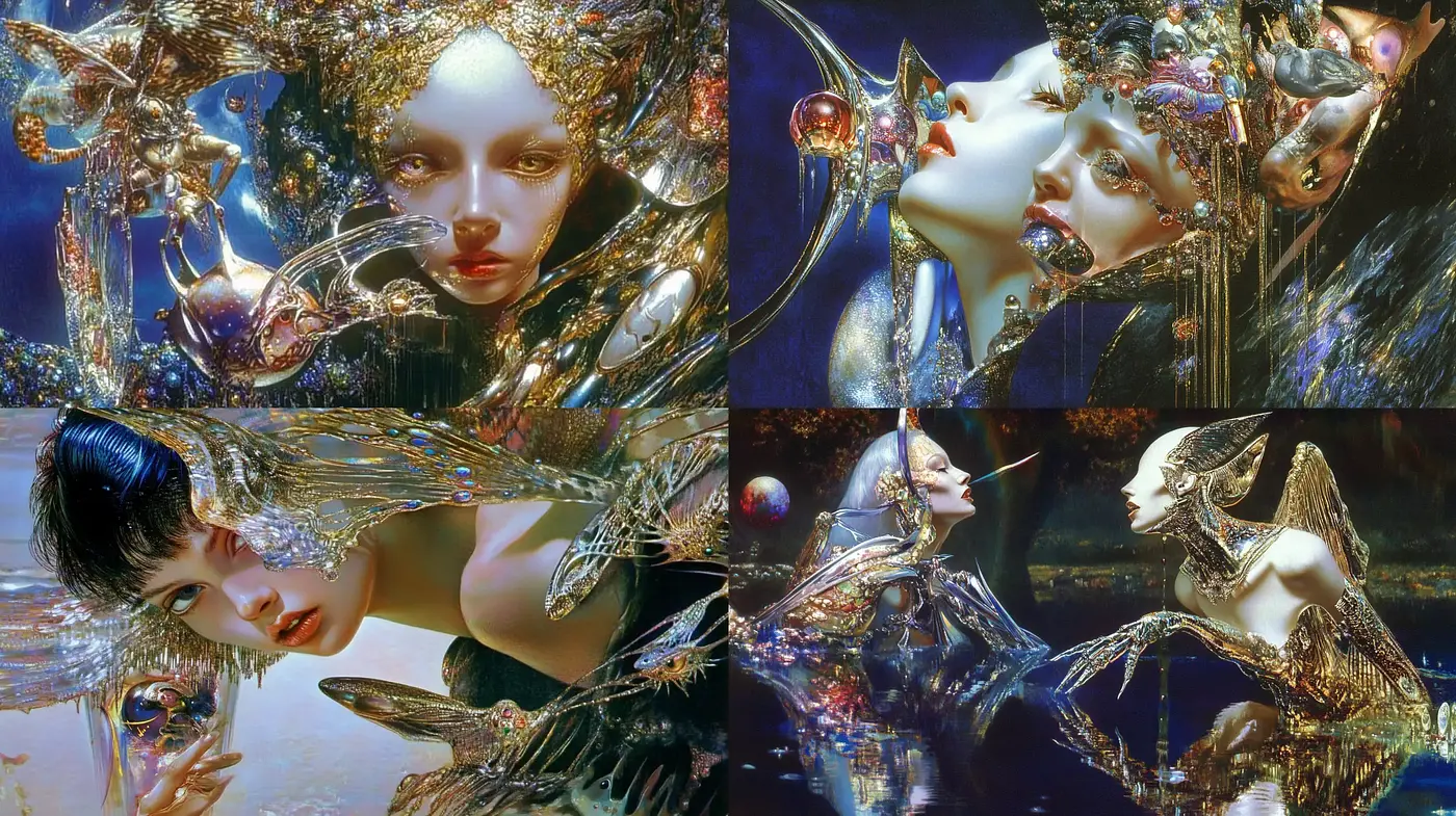Luminous Ethereal Dreamscape: Metallic Hues and Surreal Textures - Midjourney sref style