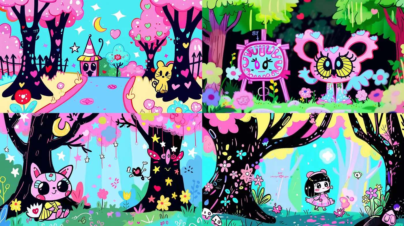 Whimsical Cartoon Dreamscape: A Vivid Fusion of Playful Imagery in a Burst of Saturated Hues - Midjourney sref style