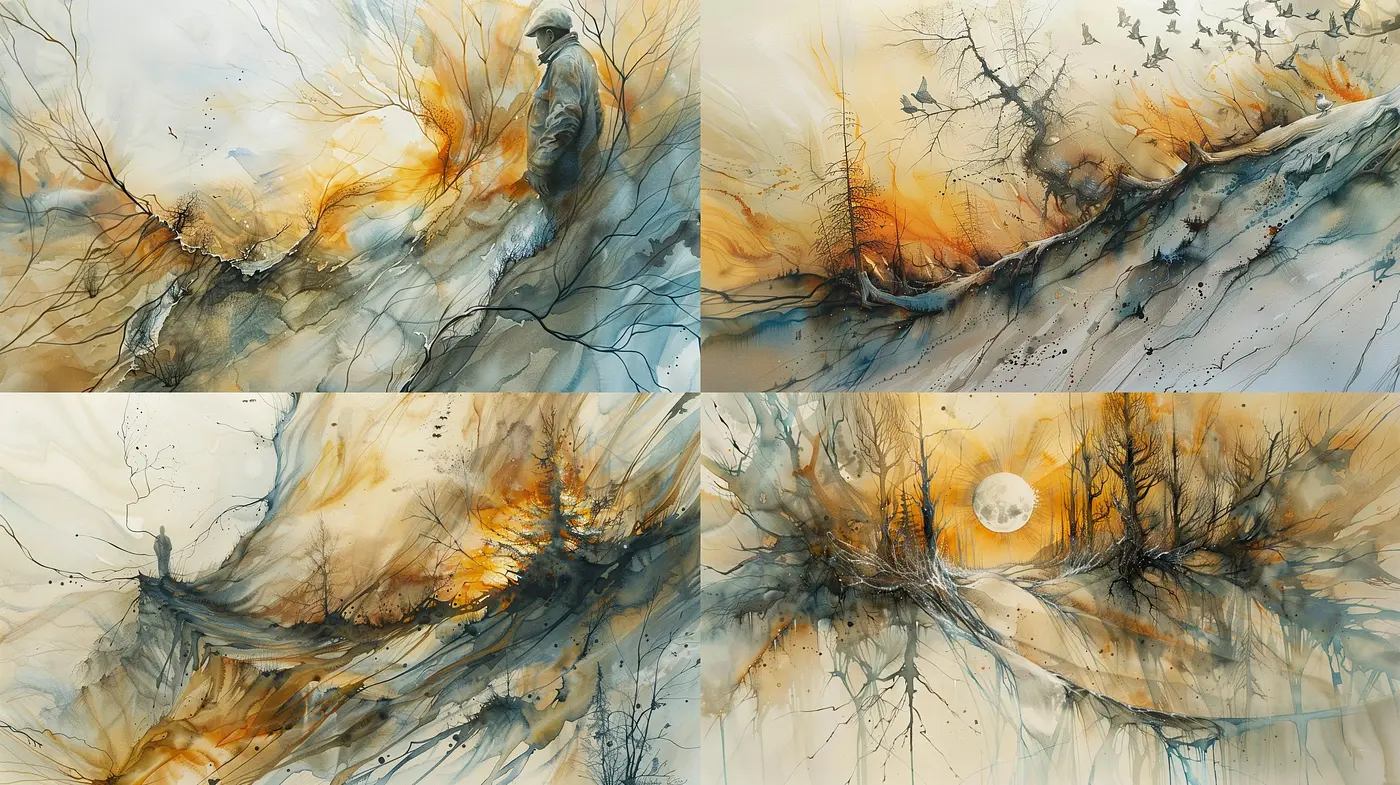 Ethereal Watercolor Dreamscape: A Coalescence of Amber Warmth and Ink-like Silhouettes - Midjourney sref style