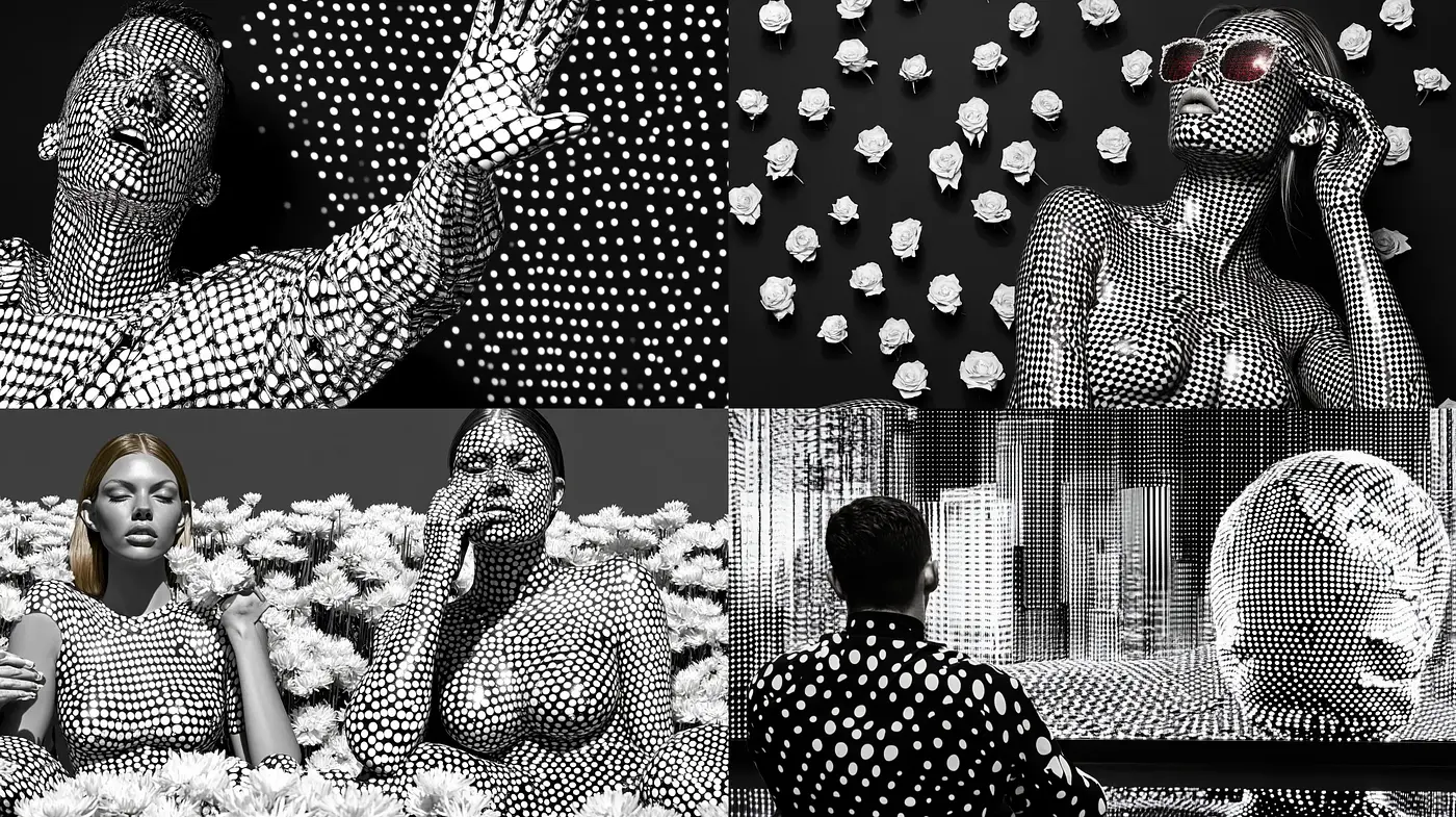 Monochromatic Mosaic Euphoria: A Study in Dotted Textures and Contrasts - Midjourney sref style