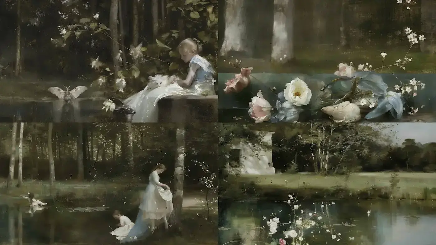 Dreamlike pastoral scenes imbued with soft colors and natural elements - Midjourney sref style